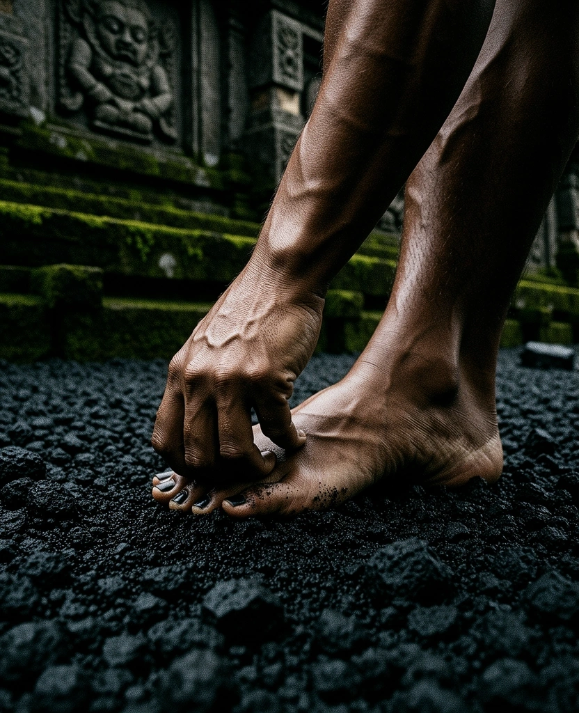 Human foot on volcanic sand